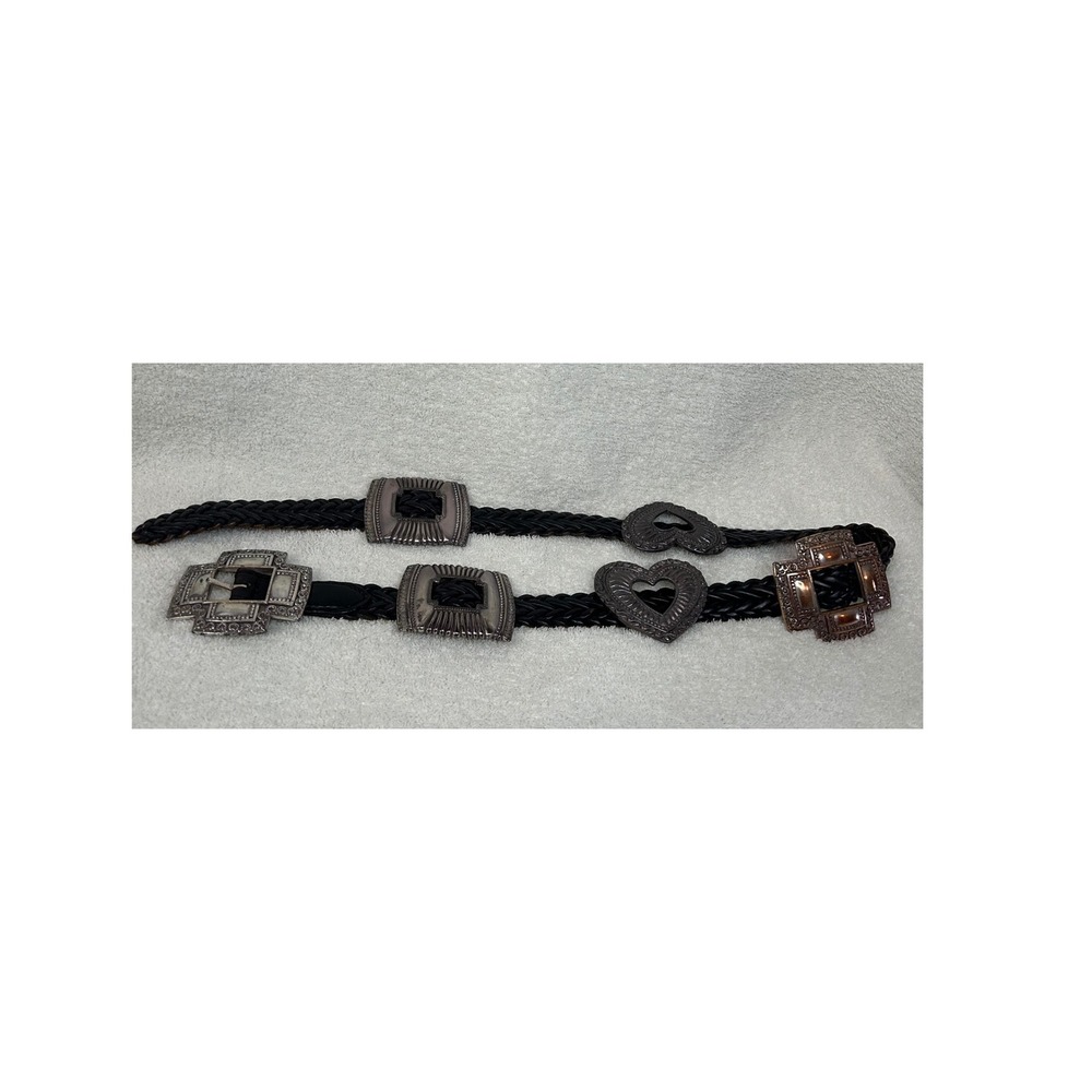 Brighton Vintage Western Braided Leather Belt Cross Heart Buckles interchangeabl